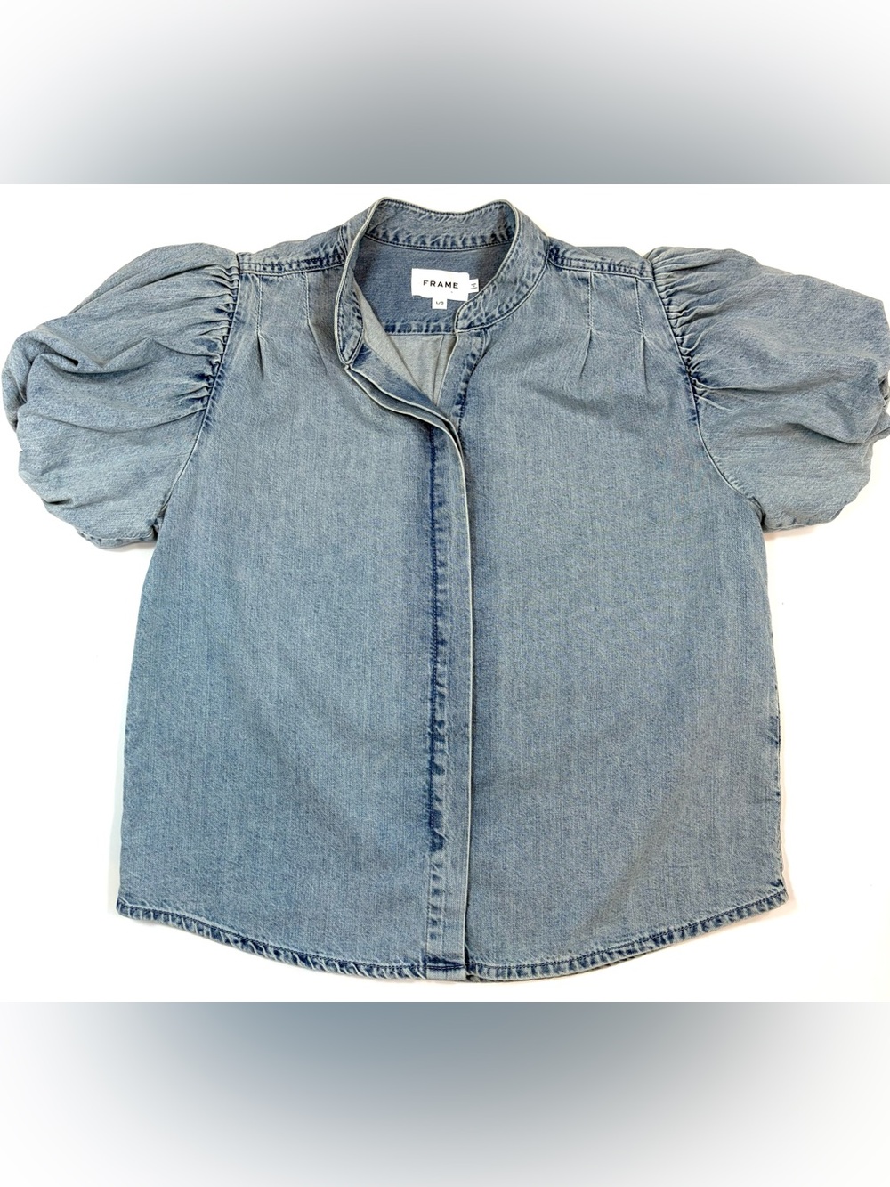 FRAME Cresthaven Denim Puff Sleeve Button Front Blouse Top Size Large